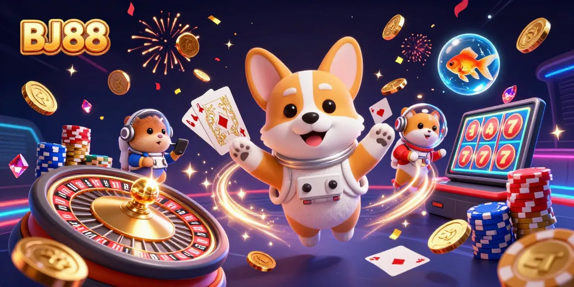 BJ88 engages players in thrilling casino action with a vibrant 3D illustration of games and characters.