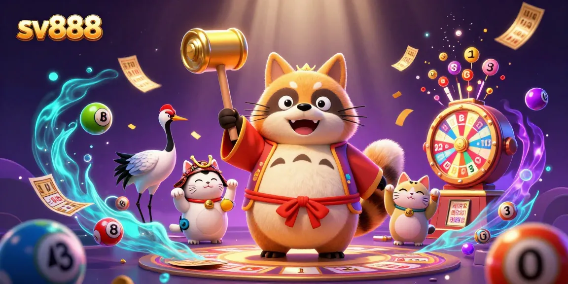 Win big with sv888 in this vibrant 3D cartoon illustration featuring festival characters, lottery elements, and dynamic effects.