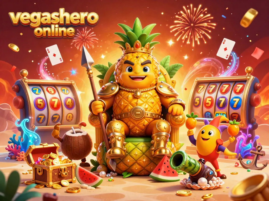 Experience vibrant gaming action at vegashero online with lively characters and slots in a tropical casino scene.