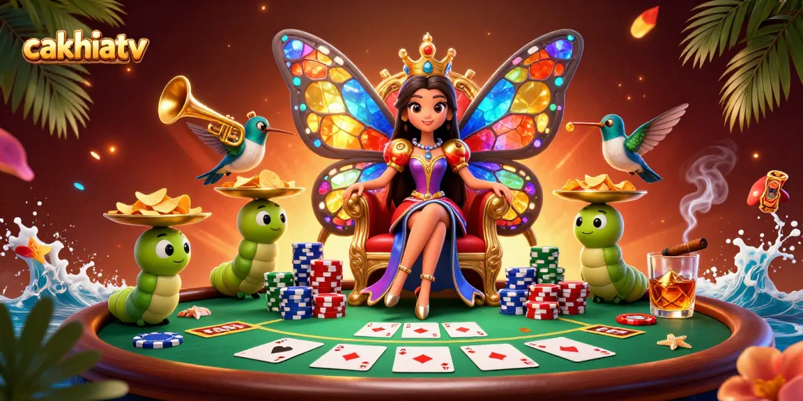 Experience live streaming football on cakhiatv, highlighted with vibrant poker elements and rich illustrations.