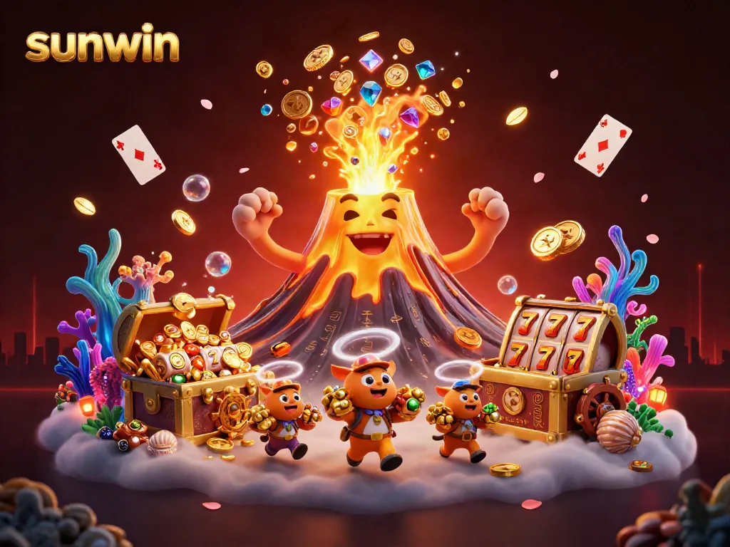 Win big with sunwin's thrilling 3D casino scene filled with treasures and vibrant gambling elements.