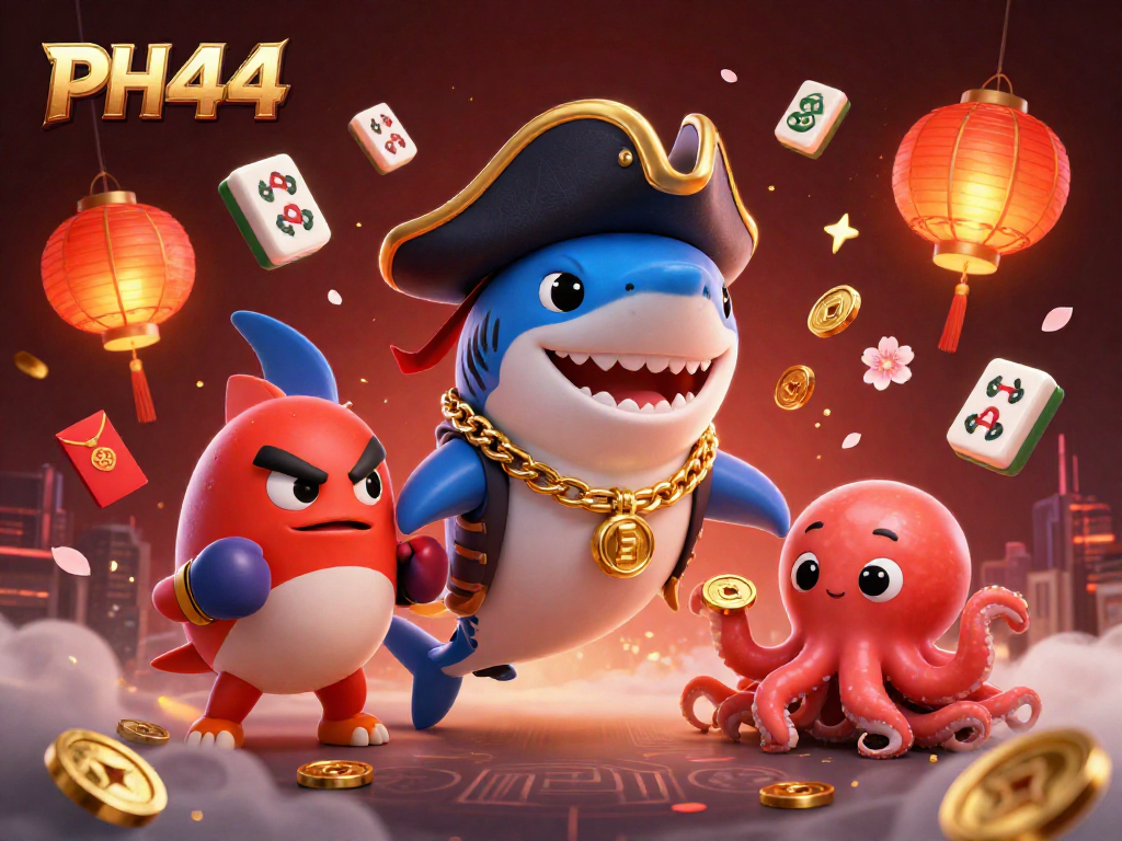 Engage with PH44's exciting gaming environment alongside cartoon characters in a vibrant casino scene.