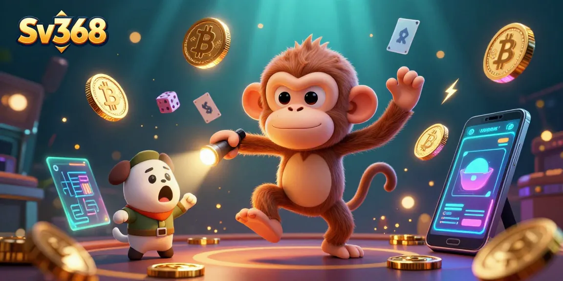 Sv368 captures a playful ghost monkey juggling coins in a vibrant casino scene, exploring thrilling gambling adventures