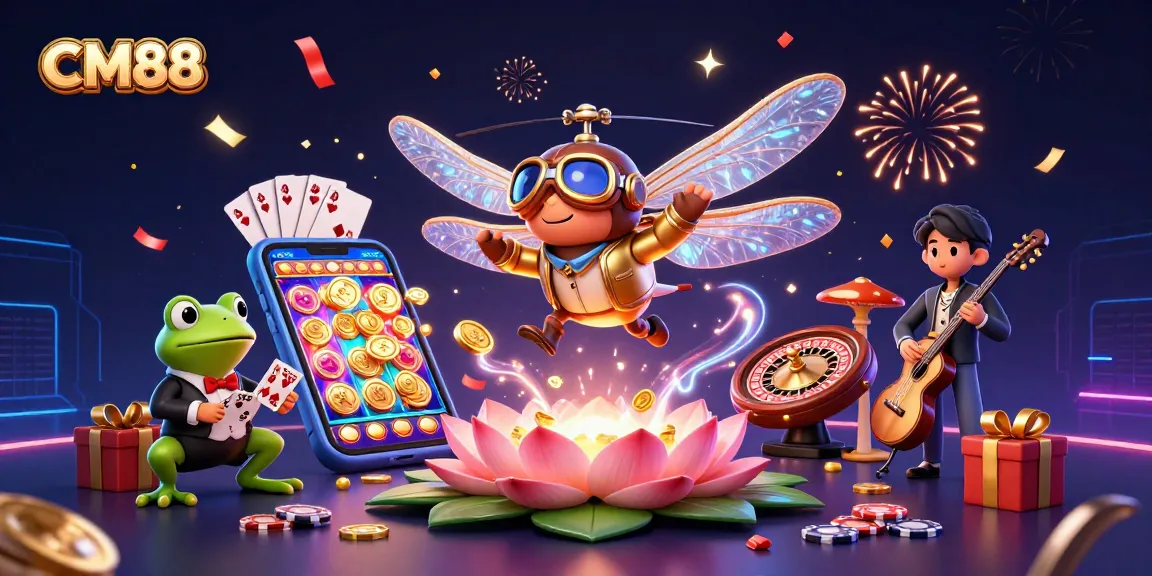 Experience thrilling gameplay at CM88 as a dragonfly pilot oversees a lily pad casino with dazzling game elements.