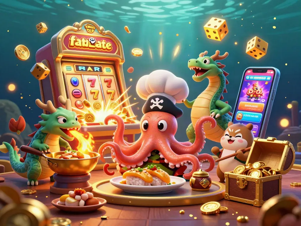 Experience winning moments at fatpirate casino with a vibrant slot scene featuring an octopus chef, dragon, and tanuki.