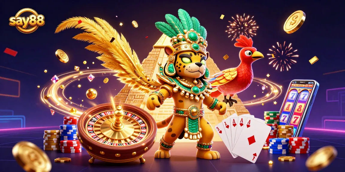 Experience the excitement of say88 with vibrant 3D illustration featuring casino games, golden coins, and dynamic characters.