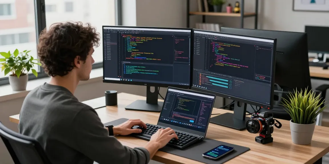 Focused software developer coding with dual monitors in a modern office workspace, illustrating WhatsApp下載 in a tech environment.