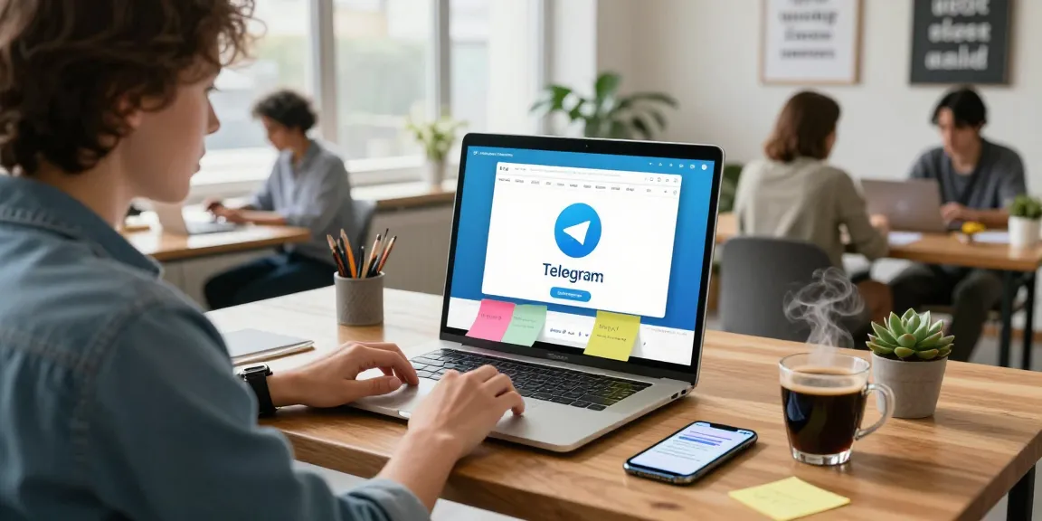 User accessing the Telegram Web Version on a laptop in a modern workspace, emphasizing collaboration and digital convenience.
