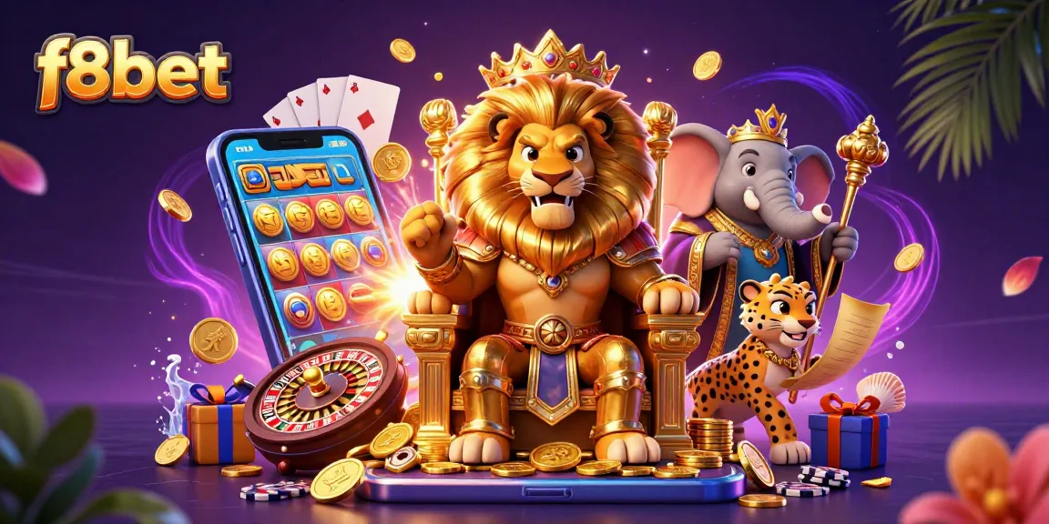 Experience epic gaming at f8bet with exciting slot games and royal characters in a vibrant casino scene.