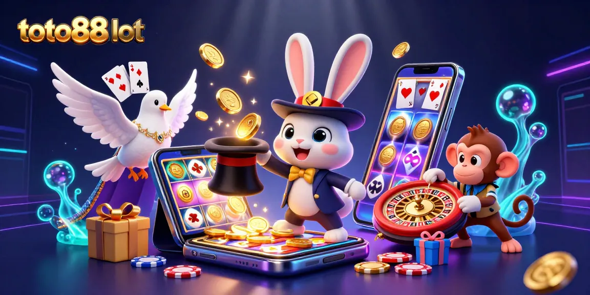 Toto88slot captivates with a vibrant 3D scene featuring a magician rabbit, a dove, and a monkey amidst gold coins and exciting gaming elements.