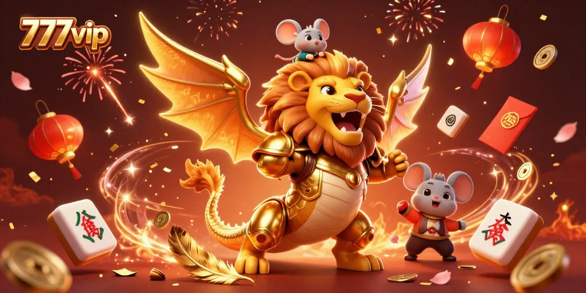 Experience thrilling wins at 777vip with a victorious chimera and festive gambling elements in a vibrant 3D illustration.