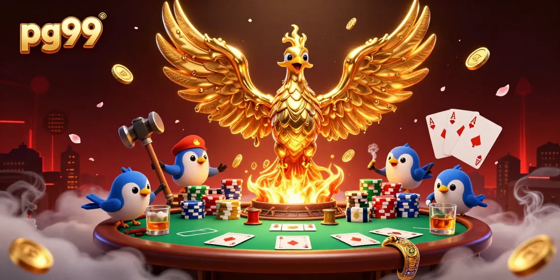 Win big at pg99 with a fiery phoenix and vibrant poker scene depicting high-stakes gambling excitement.