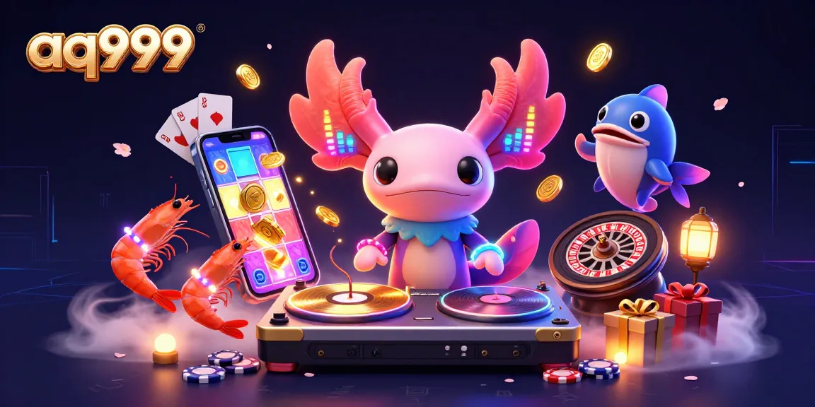Join the action at aq999 with vibrant characters like a neon axolotl DJ spinning tunes and golden coins spilling from a smartphone in this casino-themed illustration.