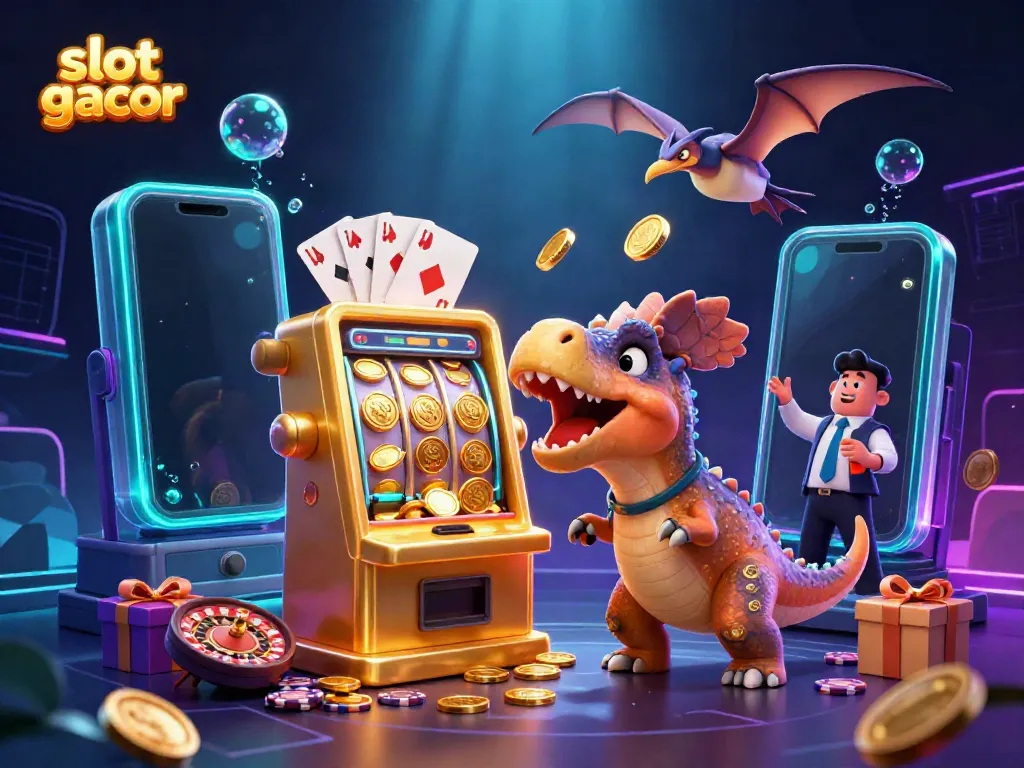 Experience slot gacor excitement with a pachycephalosaurus jousting a slot machine, showcasing jackpot fun!