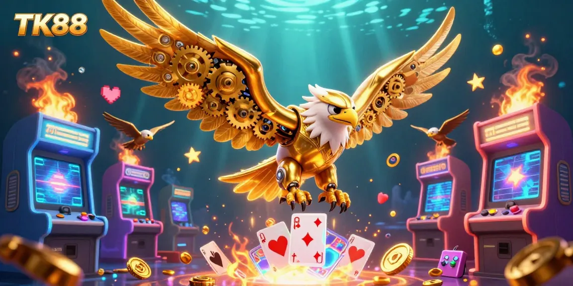 Experience the thrill with TK88 as the cybernetic eagle dives through holographic cards in this vibrant casino scene.