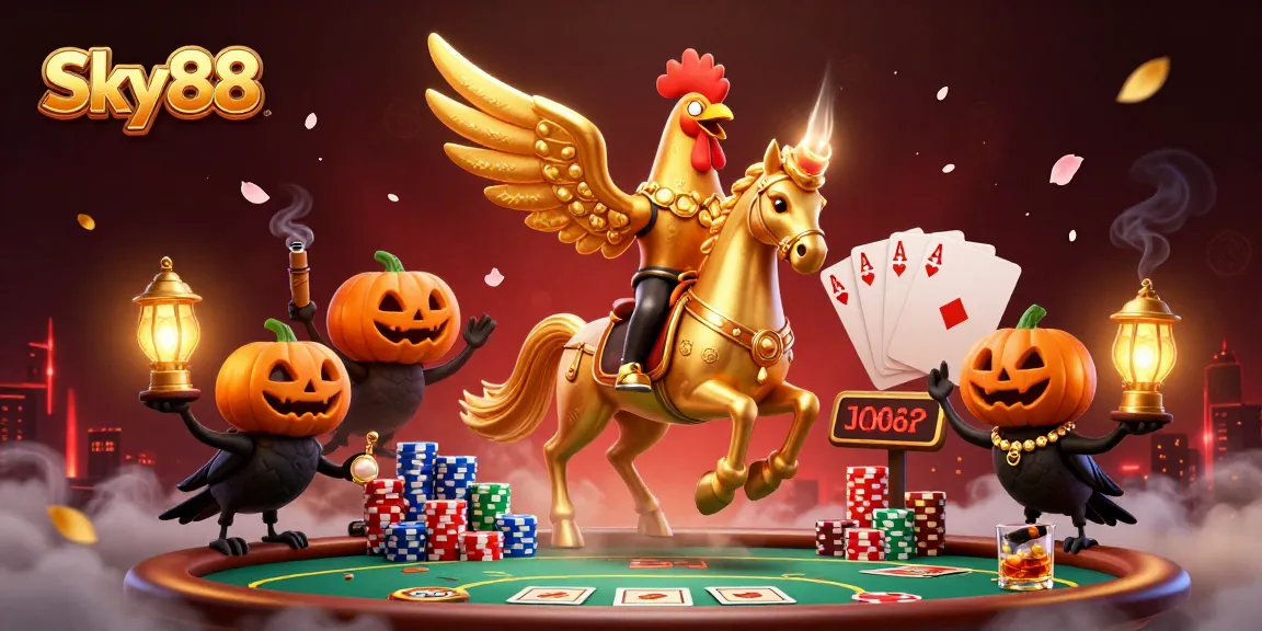 Experience thrilling gaming action at Sky88 with a golden rooster riding in a vibrant casino scene.