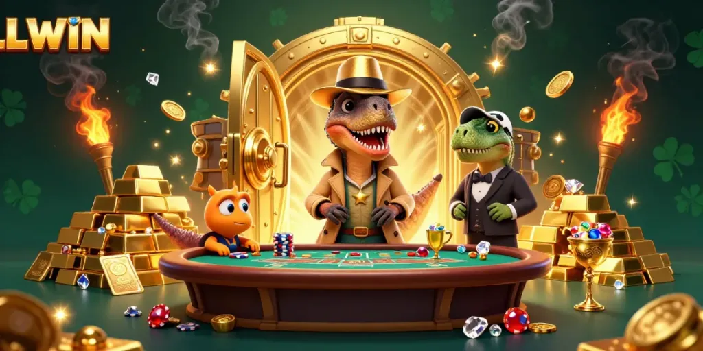 Engage with LLWIN's exhilarating casino action featuring a velociraptor at the blackjack table.