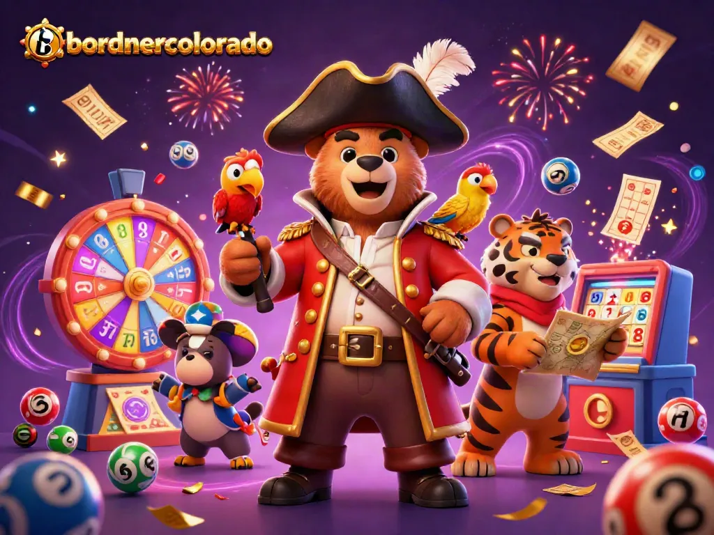 Experience exciting casino adventures with bordnercolorado's vibrant 3D illustration, showcasing lottery elements and festive characters.