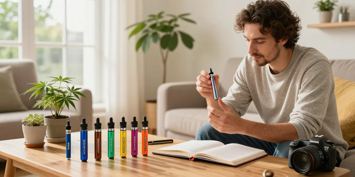 Engaged user exploring premium thc vapes uk in a natural wellness setting with hemp plants.