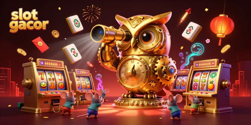 Engage with the exciting slot gacor atmosphere featuring a golden owl, festive elements, and vibrant casino symbols.