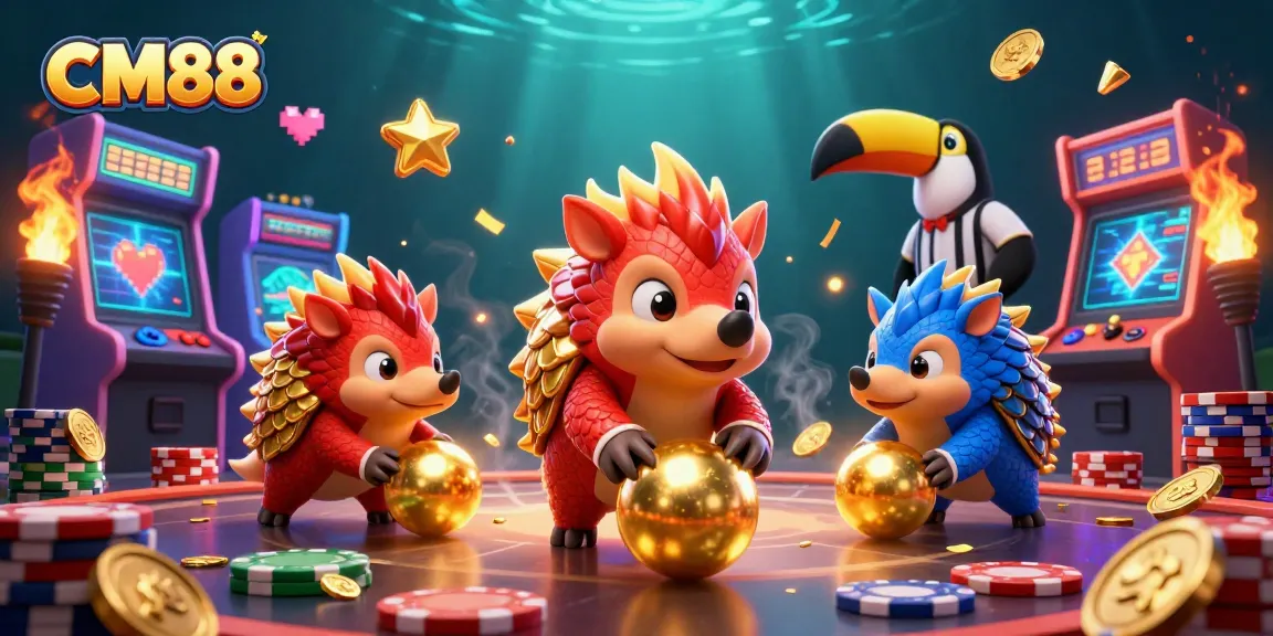 CM88 features a dynamic scene with cartoon pangolins competing in a casino-themed arcade game.