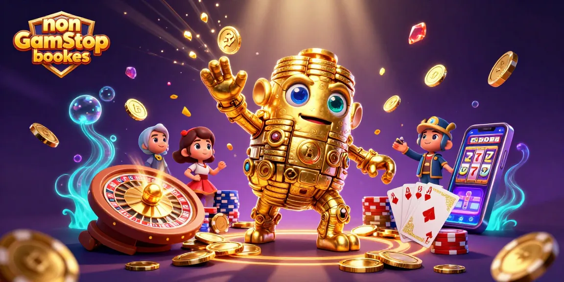 Experience thrilling action with non GamStop bookies in an energetic 3D casino scene filled with gold coins and slot symbols.