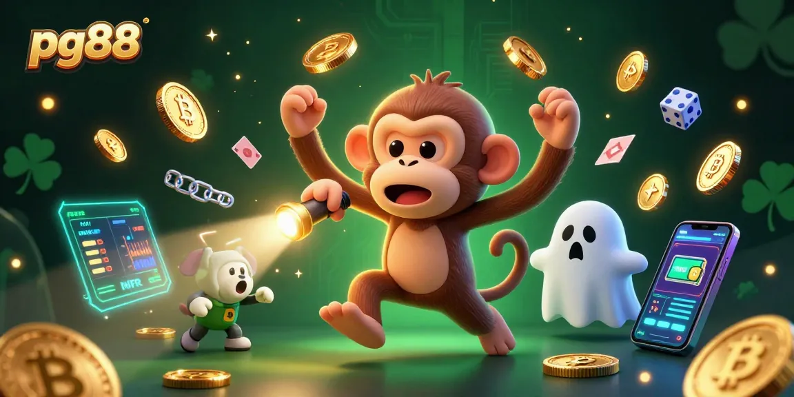 Experience the fun at pg88 with animated gold-juggling monkey and ghost-hunter puppy in a vibrant casino.