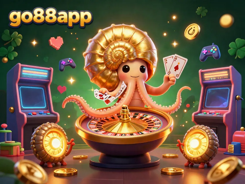 Engage with thrilling gameplay at go88app featuring vibrant 3D casino elements, cards, and glowing machines.