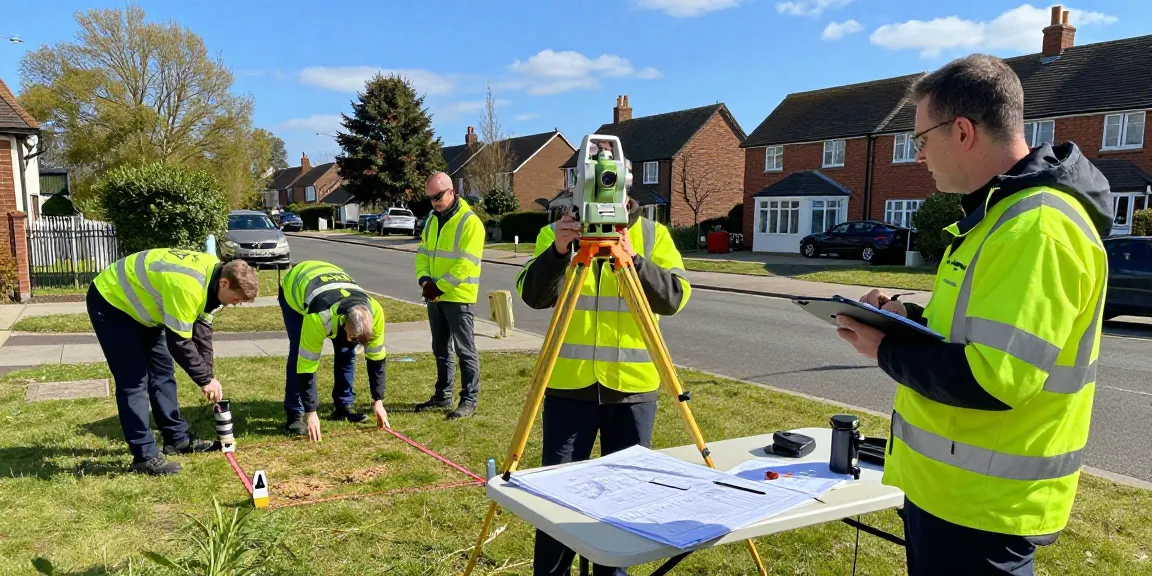 Measured Building Surveys Sussex team conducting precise property measurements in residential area, showcasing surveying equipment and collaboration.