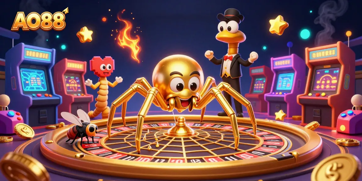 Experience the thrill of betting at AO88 with a whimsical spider, roulette wheel, and centipede croupier.
