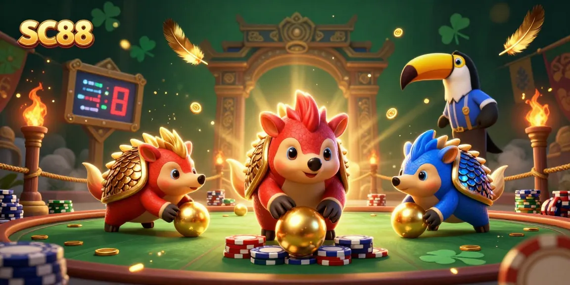 Witness SC88 pangolins bowling poker chips in a dynamic Asian casino setting with vibrant atmosphere.