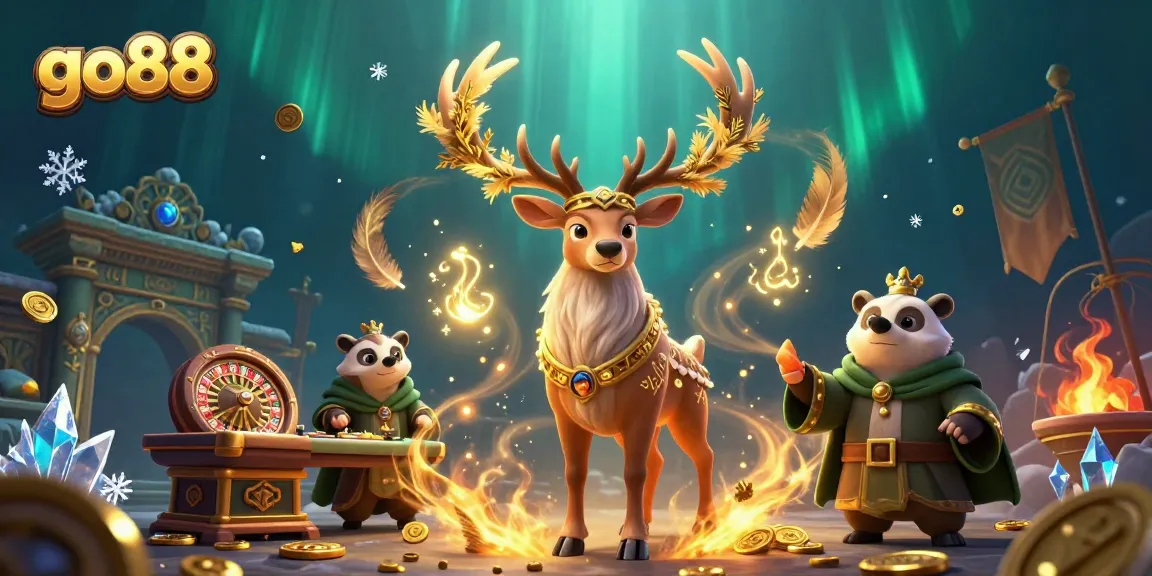 Experience thrilling gaming action with go88 as you engage in a lively casino atmosphere filled with ornate designs and enchanting characters.