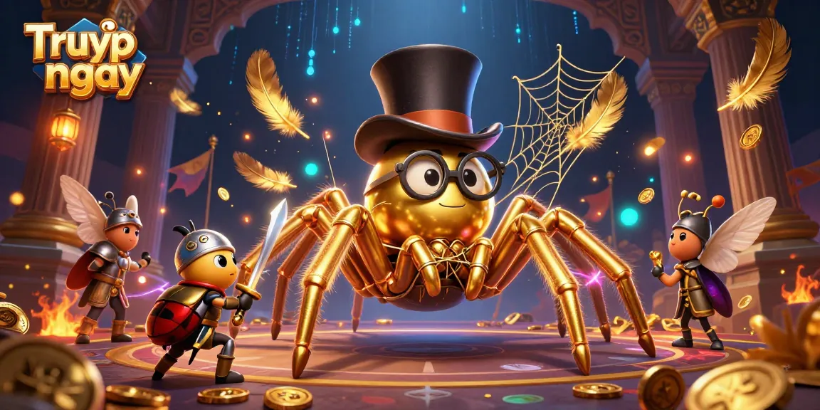 Truy cập ngay to unlock thrilling casino adventures with a golden tarantula weaving magic in a vibrant game world.