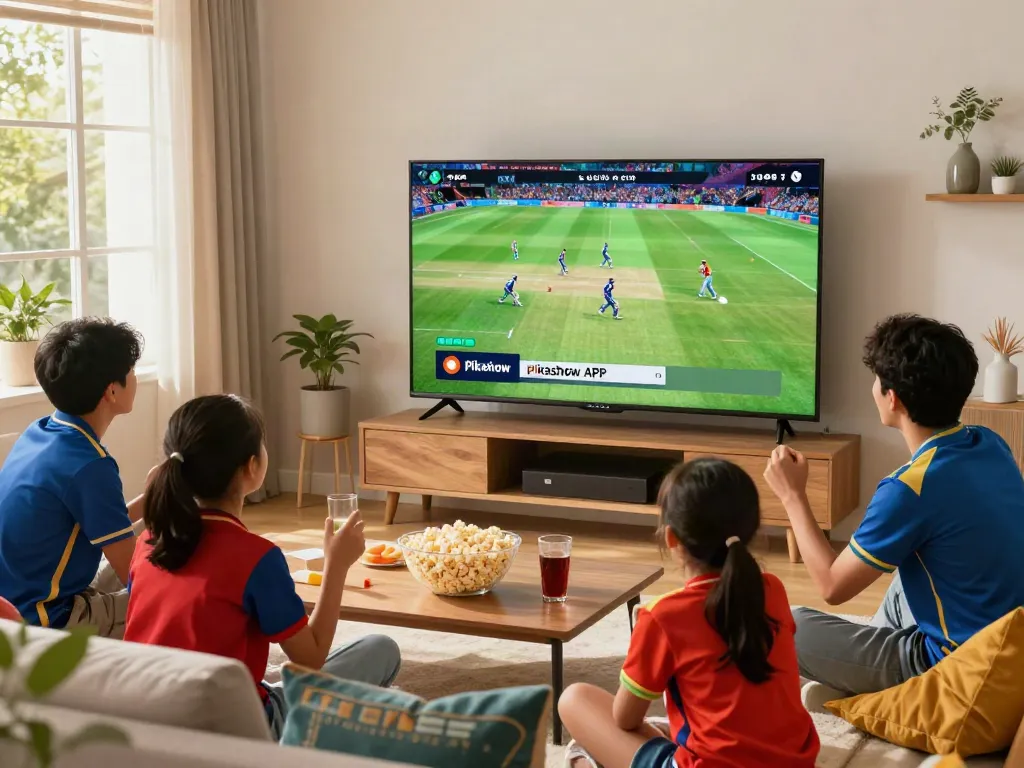 Pikashowlatestversion.com family enjoying cricket together in bright living room.