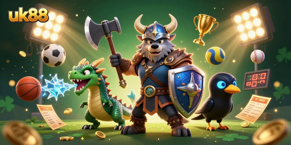 uk88 engages players in thrilling sports betting with a Viking wolf warrior, dragon, and dynamic elements.