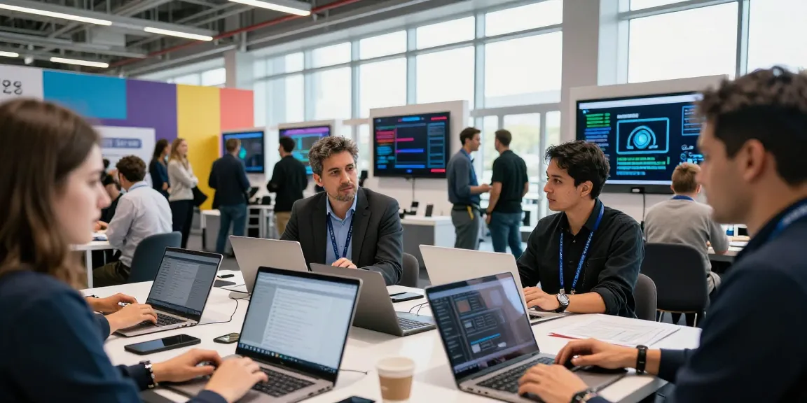 Blockchain 2026 conference scene with diverse professionals collaborating on innovative technologies.