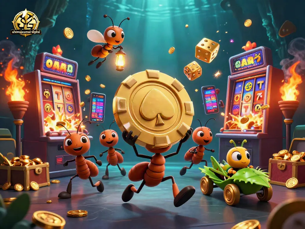 Ants carrying a golden poker chip in a thrilling casino heist scene by ahimajournal-digital