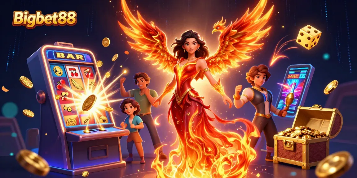 Experience the thrill of Bigbet88 with a stunning woman in a fiery gown amidst jackpot symbols and explosive winnings.