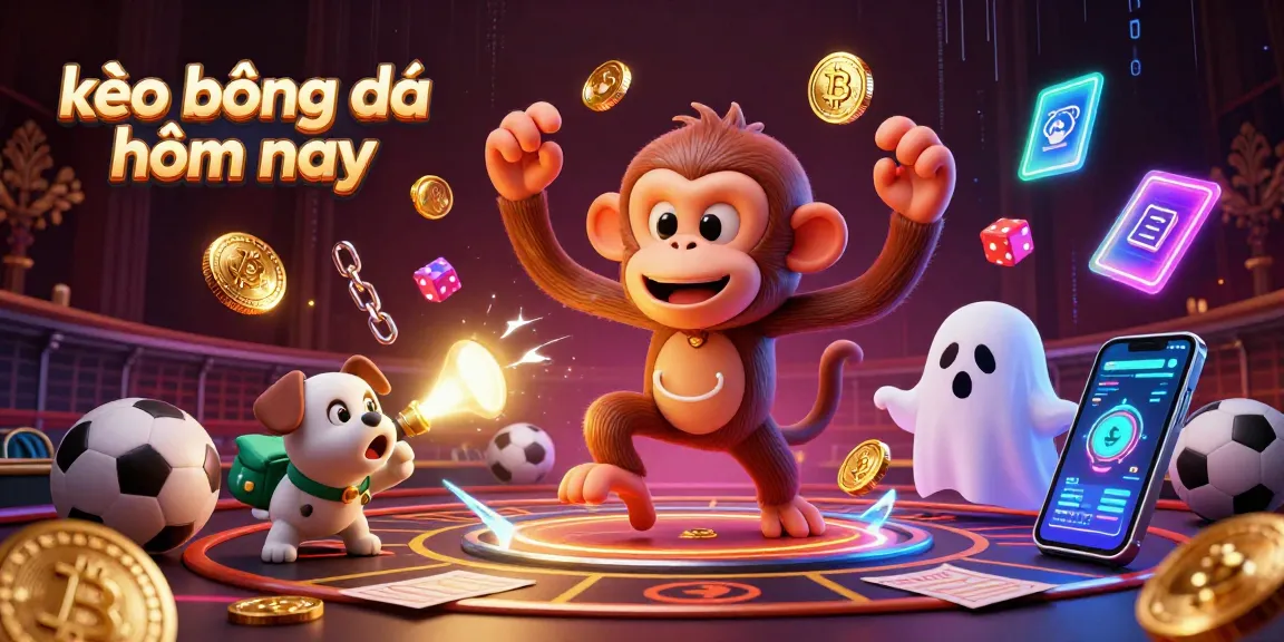 Engage with today's kèo bóng đá hôm nay in a vibrant casino scene featuring a playful monkey and a curious puppy.