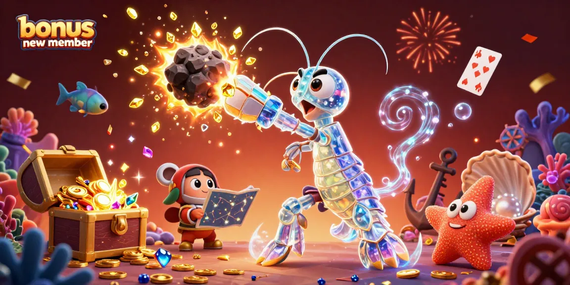 Activate your bonus new member opportunity with a lively illustration of gems, treasures, and casino thrill.