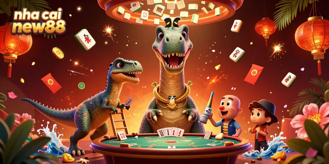 Join the fun at nha cai new88 with a massive cartoon brontosaurus overseeing dynamic gaming activities in a lively casino scene.