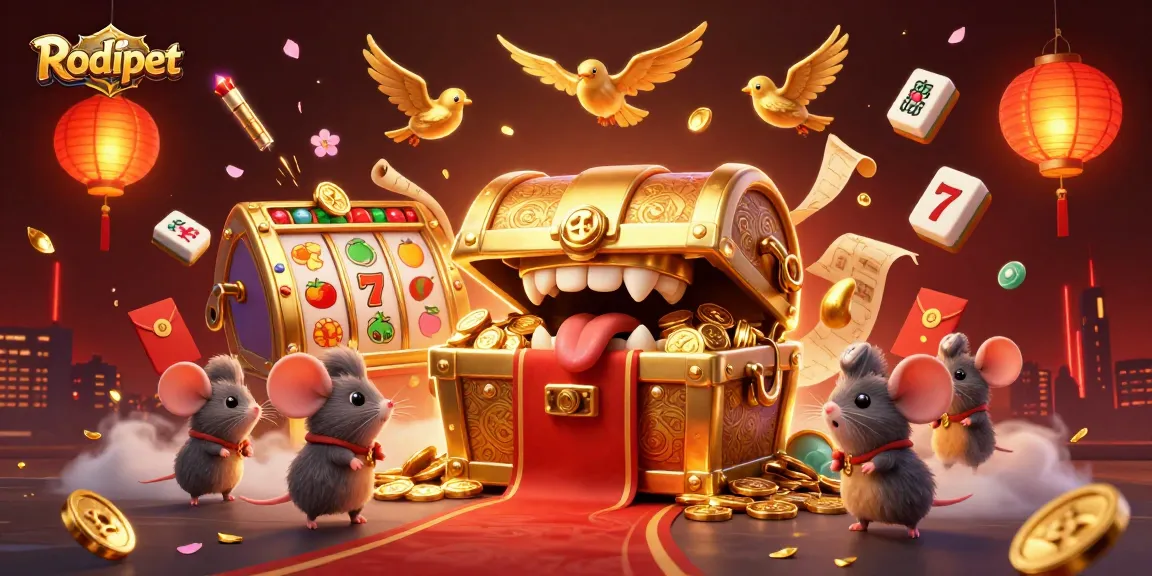 Experience Rodipet's vibrant casino-themed treasures with adventurer mice amidst slot reels and cherry blossoms.