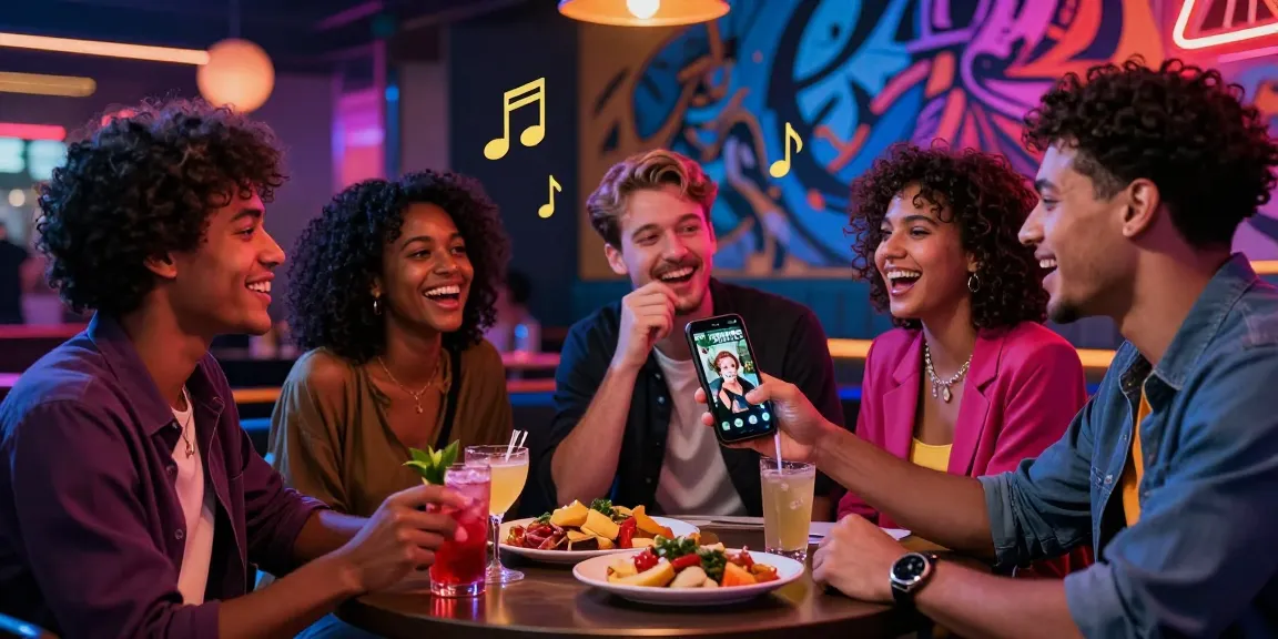 Young friends sharing NSFW content during a lively night out at a trendy urban lounge.