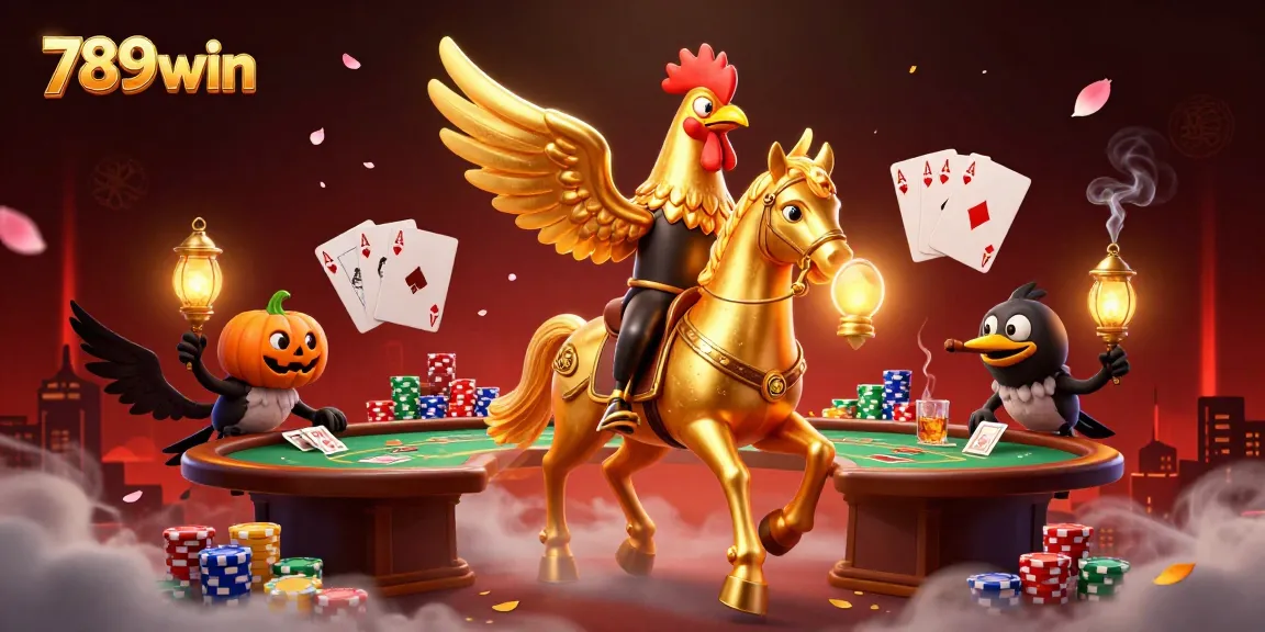 Experience the thrilling action at 789win with a vibrant casino scene featuring poker and golden roosters.