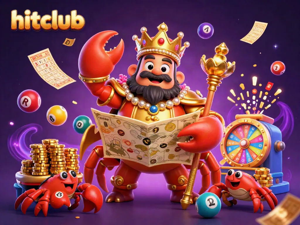 Play and win with hitclub as the golden crab emperor oversees a vibrant casino scene filled with excitement and treasures.