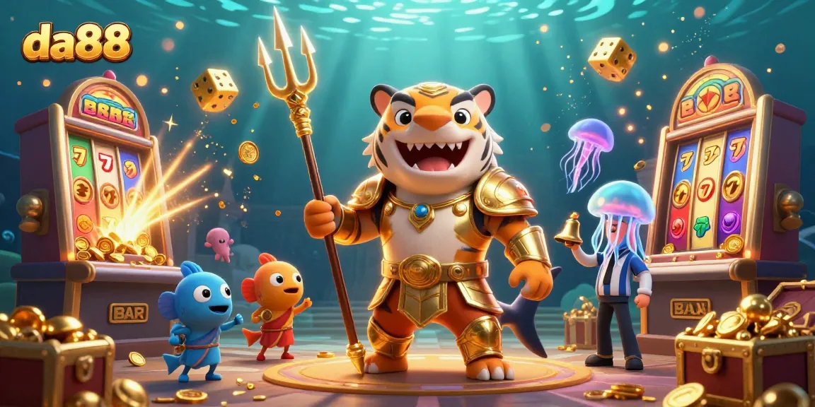 da88's vibrant underwater casino scene featuring a golden gladiator shark and dynamic slot machines.