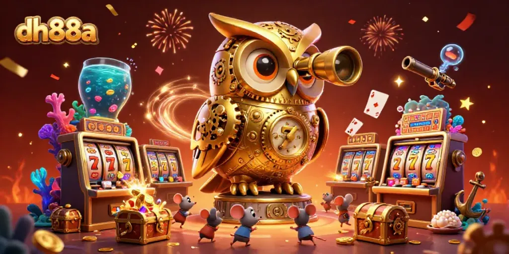 Engage with winning strategies on dh88a, featuring a lively casino scene with unique characters and slot games.