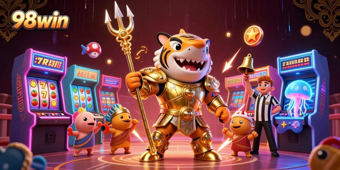 Engage with 98win's thrilling underwater casino scene featuring vibrant arcade elements and a golden shark gladiator.