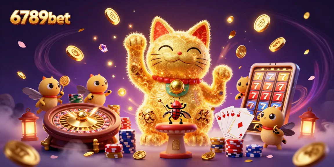 Experience the excitement of 6789bet with a whimsical lucky cat illustration showcasing lively casino elements.