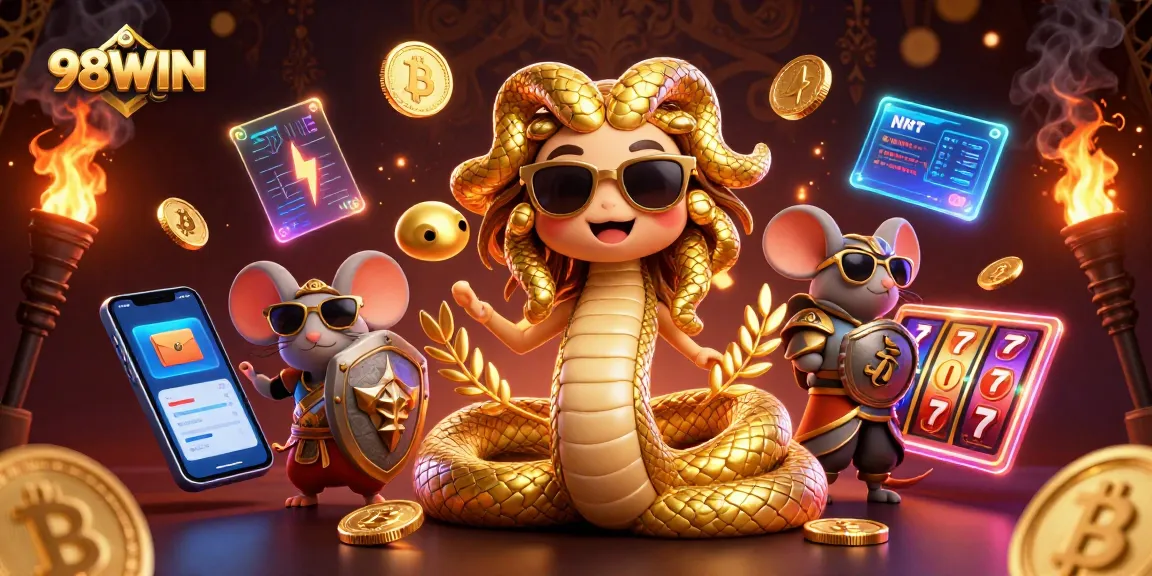 Engage with 98WIN in this dynamic gaming scene featuring a friendly Medusa, a warrior mouse, and vibrant slot elements.